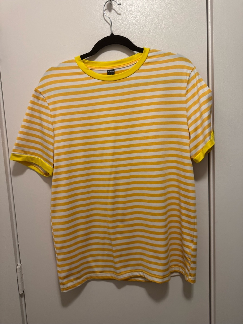SHEIN Men’s Yellow & White Striped Ringer T-Shirt Small Casual Retro Tee